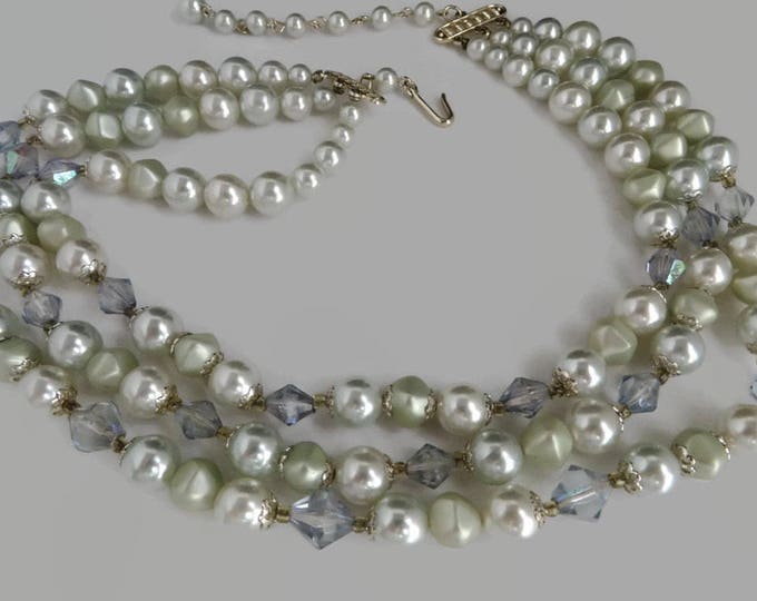 Pearl Necklace, Japan Multi Strand Necklace, Vintage Faux Pearl & Lavender Blue Bead Triple Strand Choker