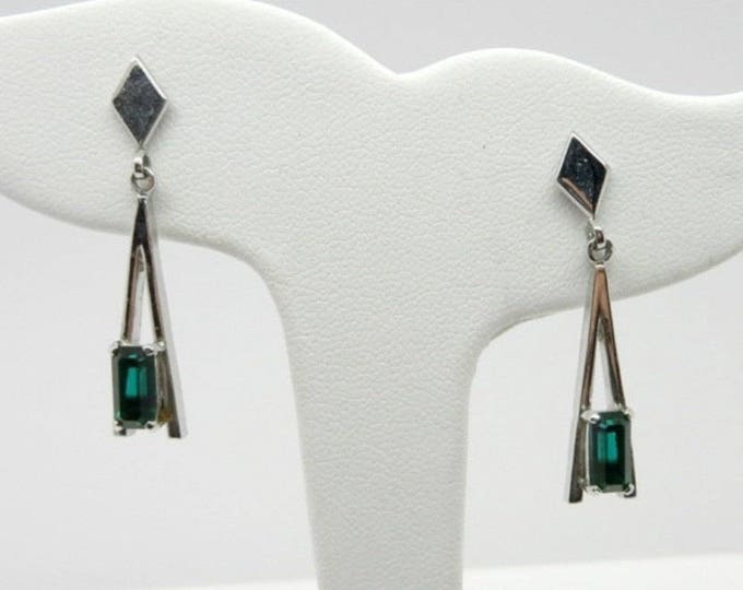 Avon Eiffel Tower Earrings, Vintage Emerald Glass Silver Tone Pierced Stud Dangling Earrings