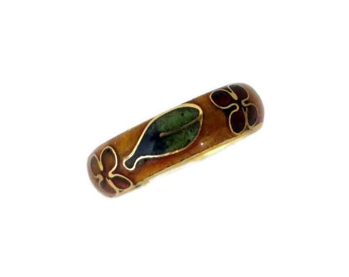 Cloisonne Band Ring, Vintage Red Brown Green Enamel Band, Size 5.5