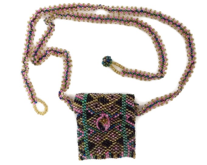 Beaded Mini Purse Necklace, Vintage Geometric Design Tiny Purse, Mini Handbag Pendant