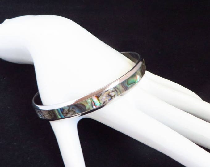 Abalone Shell Bracelet, Vintage Silver Tone Skinny Bangle, Abalone Inlay Bracelet, Gift Idea for Her
