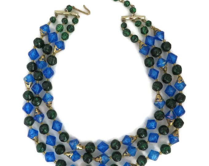 West Germany Necklace | Vintage Blue Beaded Necklace | Triple Strand Necklace | Blue, Green Beaded Choker