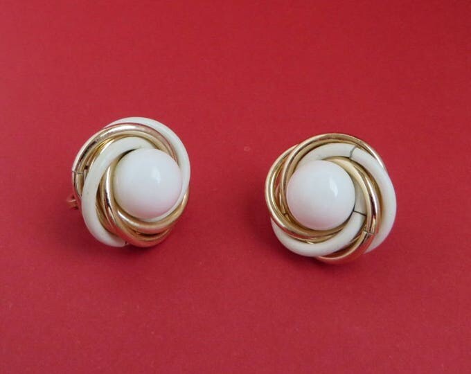 Trifari White Gold Earrings - Vintage Designer Signed Swirl Clip-on Earrings