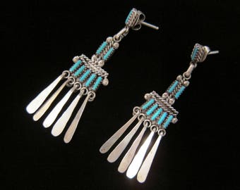 Vintage Zuni Petit Point Needlepoint Turquoise Sterling Silver Chandelier Dangle Drop Pierced Earrings - Native American Jewelry Earrings