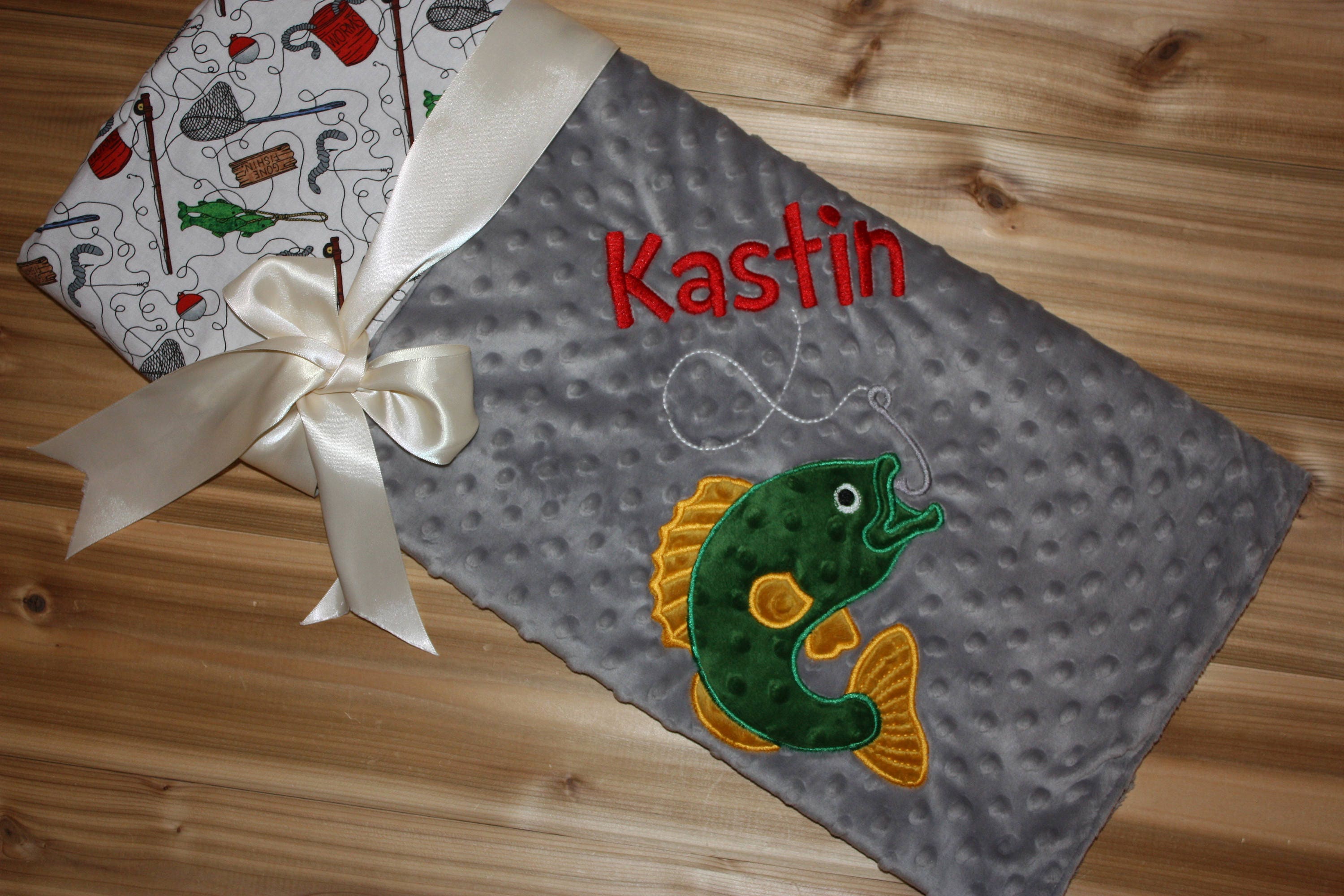Fish Blanket Minky Baby Blanket with Embroidered Bass Fish