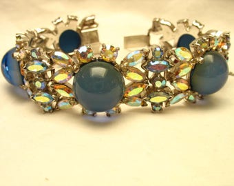 Gorgeous Rare Mazer Blue Moonstone AB Bracelet and Matching Clip Earrings