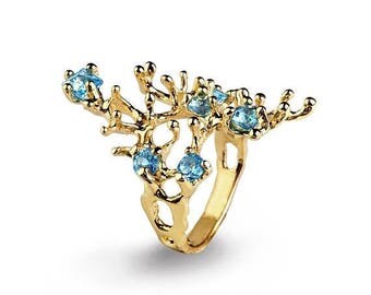 SALE 20% Off - REEF Gold Blue Topaz Ring, Gemstone Ring, Gold Statement Ring, Organic Ring, Blue Topaz Engagement Ring