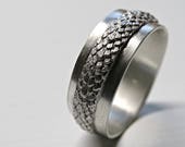 bold dragon scale ring silver feather ring, medieval wedding band domed, wide wedding ring, snake skin ring band silver dragon ring