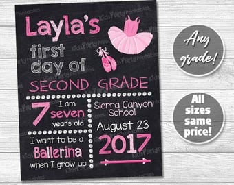 Ballerina First Day of Second Grade Sign, Back to School Chalkboard Sign, PRINTABLE First Day of School Sign Girl, Any Grade First Third