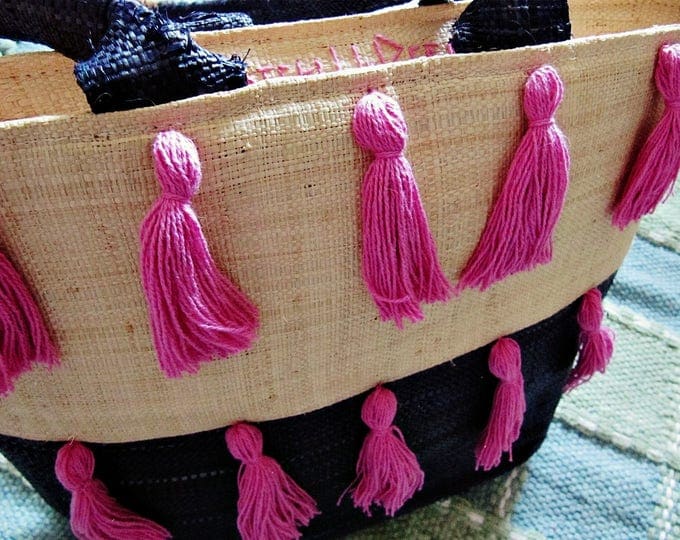 Straw Tote with Tassel - Boho Bag - Hippie Gypsy Handbag - Reworked Vintage - Medium Shopper - Summer Beach Tote - Organic - Ready to Ship