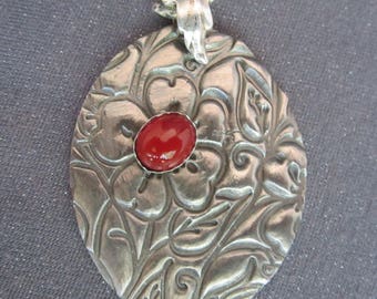 pendant necklace, metal pendant, flower necklace, large pendant, silver necklace, Carnelian pendant, gemstone pendant, metal clay pendant