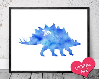 Blue Dinosaur Print, PRINTABLE Art, Stegosaurus Watercolor, Childrens Art, Children's Decor, Dinosaur Watercolor Art Print, Instant Download