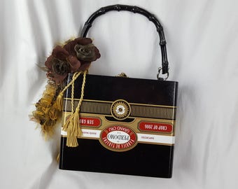 Vintage Upcycled Decoupaged Wooden Cigar Box Purse Floral Rose Embellishment Tassels Black/White/Gold 8.5" x 7.3" x 3.25"