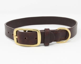 Quality leather dog collar with brass buckle and D ring