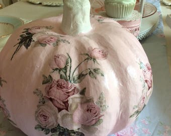 RESERVERED for Barbara P. Pink Rose Glittered Decoupage Pumpkin