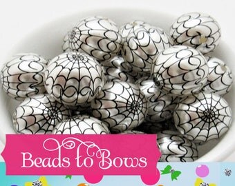 20mm Spider Print White Pearl Bubblegum Beads, Halloween Beads, Spider Web Bubblegum Pearls, Faux Pearl Beads, Gumball Beads, Supply Beads