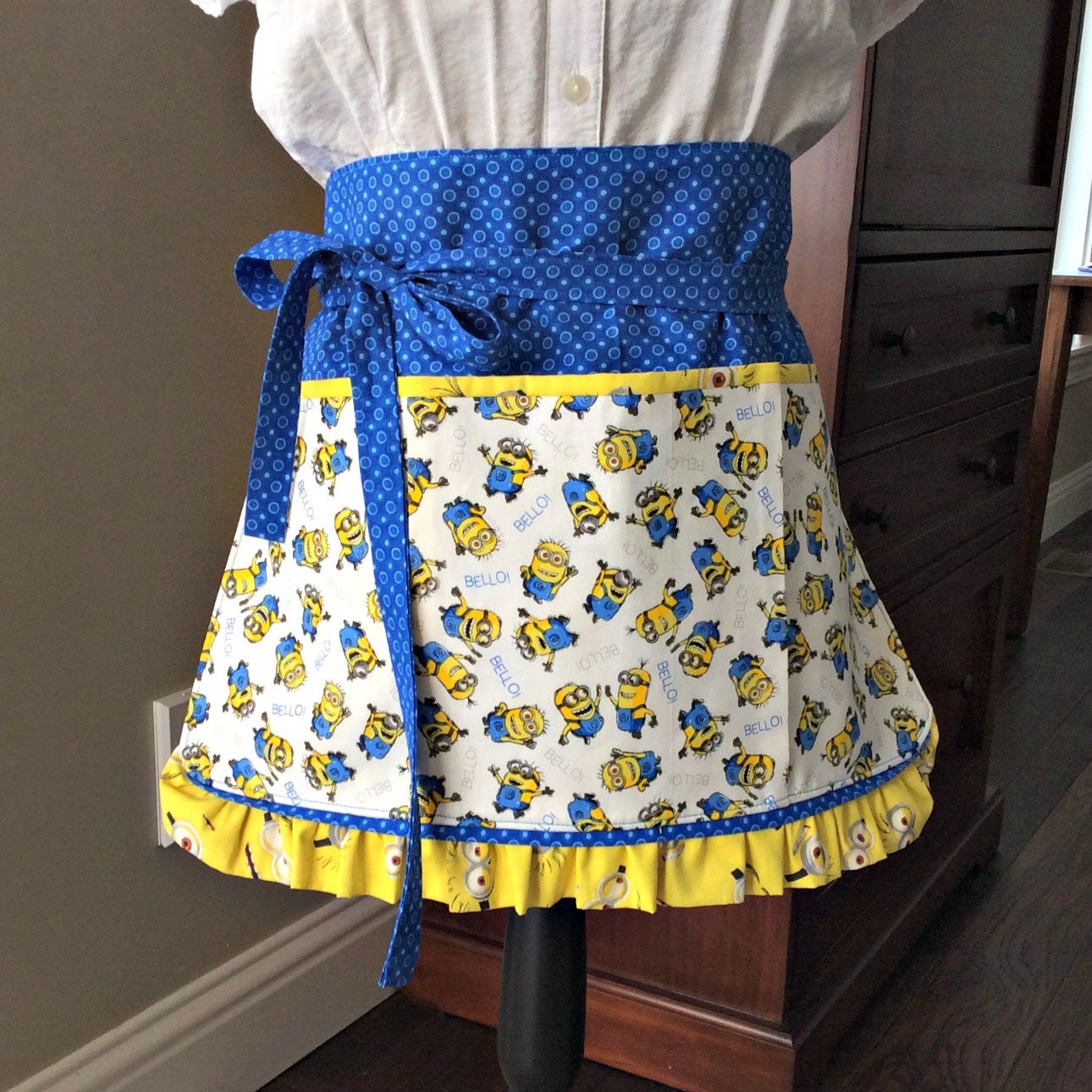 Cute Half Apron with Pockets Minions Print Blue
