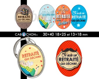 Retraité qui déchire ! • 45 Images Digitales OVALES 30x40 18x25 et 13x18 mm retraite cabochon cabochons badge moustache retraitee voyage