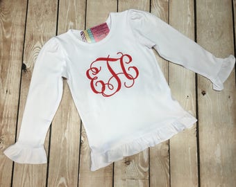 Girls Monogram Shirt, Girls Long Sleeve Monogram Shirt, Girls Large Embroidered Monogram Shirt, Girls Personalized Shirt, Girls Custom Shirt