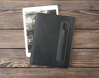 iPad Pro 10.5 inch leather cover. iPad Pro and Apple Pen holder. iPad leather case. Black color.