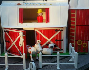 Vintage Fisher Price Farm toys each sold separately, c. 1967 to 1986 #915 #2301 barn silo cow sheep harness fence