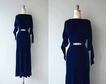 1930s bluecobalt velvet evening dress - VINTAGE
