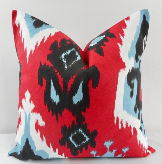 Red & White Pillow Cover. Ikat Carmine red Print Pillow