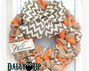 Burlap Wreath. Fall Wreath, Autumn Wreath, Orange Natural and Gray Chevron Burlap Wreath, Welcome Wreath, Everyday Wreath, Year Round Wreath