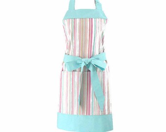 Womens Plus Pink Striped Apron, Plus Blue & Pink Striped Kitchen Apron, Plus Personalized Apron, Large Striped Apron, Plus Pink Blue Apron