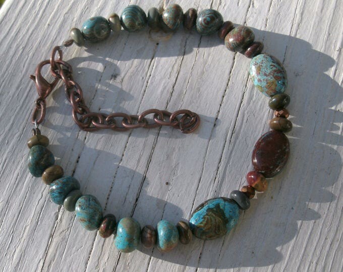Turquoise and Jasper Bracelet with copper beading and closure with extension, blues browns greens and reddish brown, semi preious, handmade