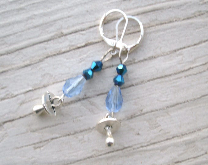 Blue and Silver Baby pacifier earrings, new mother, Blue beaded crystal bead with silver Pacifier charms, leverback silver plated wires
