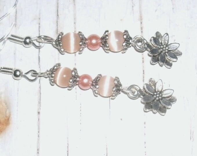 Flower Earrings with peach cats eye and pearl beads, feminine earrings, peach colored beads, silver floral bead caps, silver plated wires