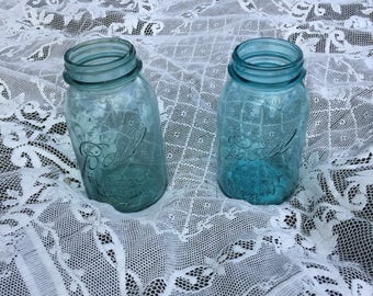 Two Vintage Blue Mason Jars - Quart Size