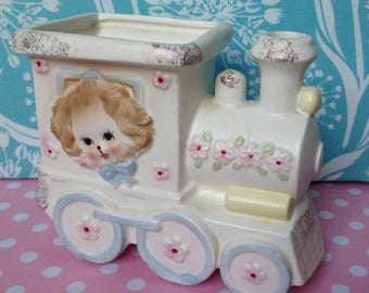 Ceramic planter, dog planter, train planter, kitsch planter, baby boy nursery, baby girl nursery, Napcoware, made in Japan