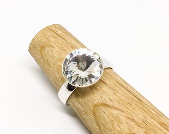 Sterling silver adjustable Swarovski Rivoli solitaire ring