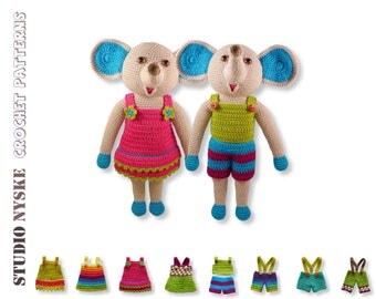 Crochet toy pattern deal, amigurumi LARGE elephant 8 garments dresses pants trousers pdf