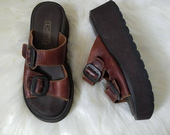 Vintage 90s Sketchers Thick Strap Brown Leather Foam Platform Flatform Club Kid Creepers Chunky Square Toe Sandals birkenstock style sz 9