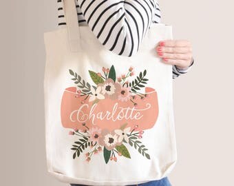 Personalized Floral Tote Bag | Bridesmaid Tote Bag | Bridesmaid Gift | Peach Floral Banner | Custom Name Canvas Tote Bag | Sister Gift