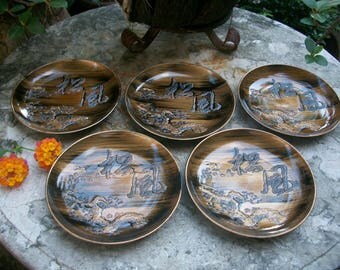 1970s Set Of Five Japanese Showa Period Bakelite Urushi Lacquerware Meimeizara Small Plates For Tea Ceremony Sweets