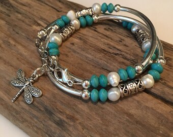 Boho Wrap Bracelet, Beaded Tube Wrap, silver wrap bracelet, Turquoise with Freshwater Pearl beaded wrap, Tibetan bead wrap, Triple Wrap