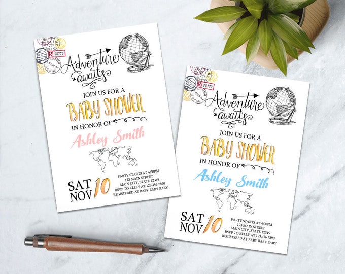 Adventure Baby Shower Invitation, Travel Baby Shower Invitation, Adventure Awaits Baby Shower Invitation, World Baby Shower Invitation