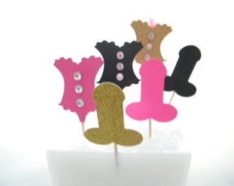 12 Corset and Penis Cupcake Toppers, Bachelorette Party Decorations, Bachelorette Penis Decor, Bachelorette Ideas, Donut Toppers