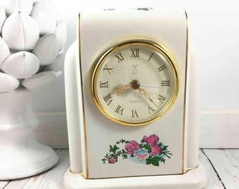 Paul Sebastian Clock,PS Clock,Limited Edition,1996,Mantel Clock,white,floral design,gold lines,quartz clock,battery clock,ceramic clock