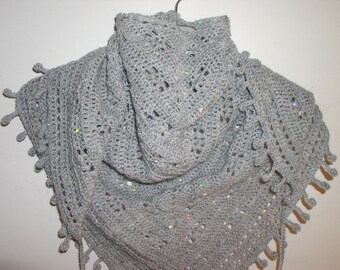 scarf, small gray sequin crochet shawl
