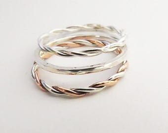 Set of 3 Mixed Stacking Rings • 925 Sterling Silver Rings • Copper Stacking Rings • Hammered Ring • Rope Twist Ring • Mixed Rope Ring