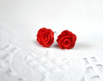 sister gift for her summer gifts children jewelry party earrings studs red flower polymer clay jewelry clay earrings stud red rose earrings