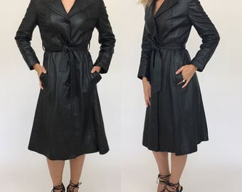 SUMMER SALE Vintage Black Leather 70s Trench Coat Belted, Butter Soft XS