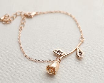Personalized Rose Bracelet Initial Bracelet Beauty And The Beast Jewelry Rose Flower Gift For Mom Bridesmaid Bracelet - 3MRBR