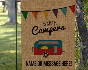 Happy Campers Flag, Personalized Camping Flag, Custom Camp Site Garden Flag, Burlap Camp Flag