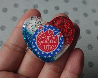 Clearance***Glitter Resin Heart Brooch 4th of July